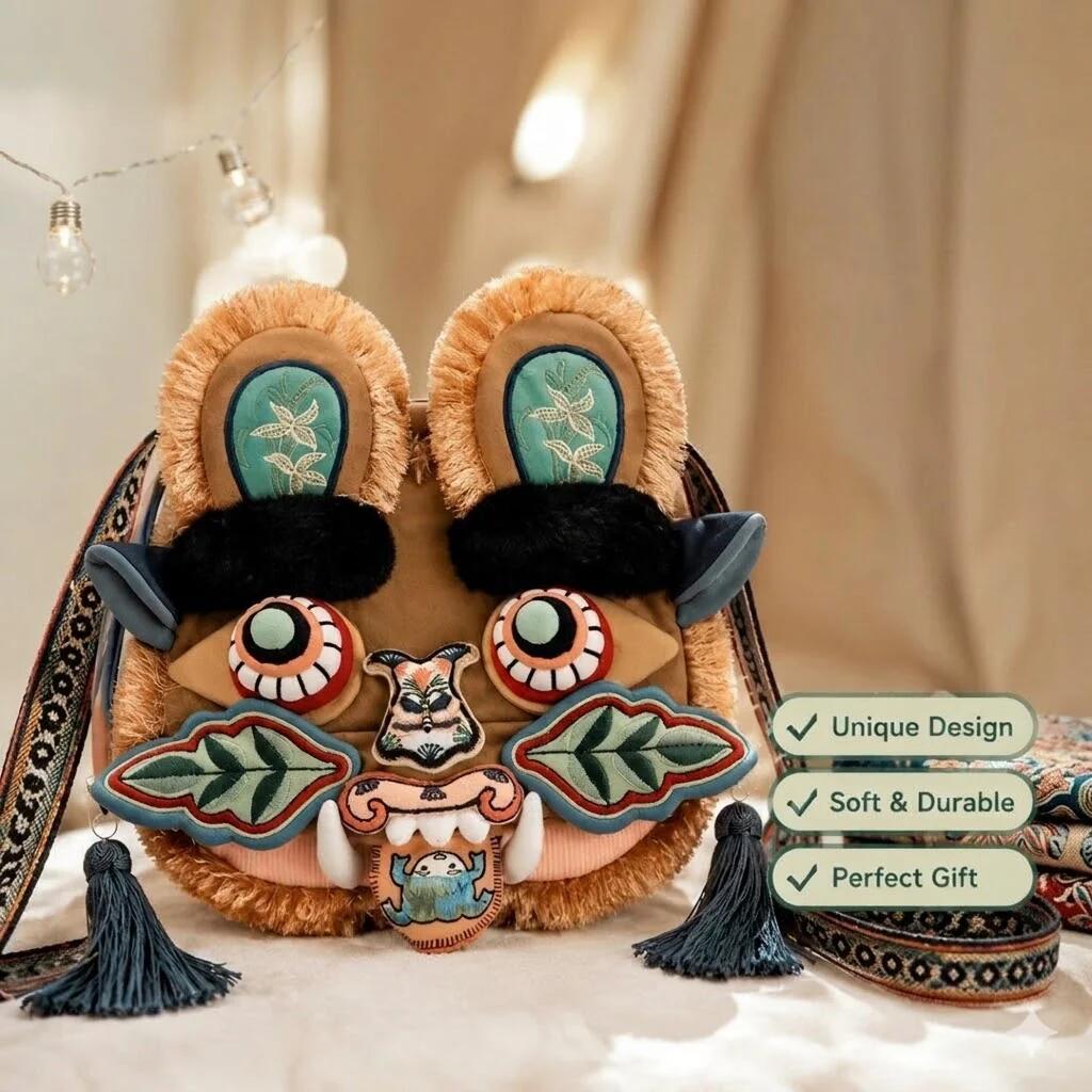 Intangible Cultural Heritage-Style Tiger Head Bag Plush Crossbody Handbag