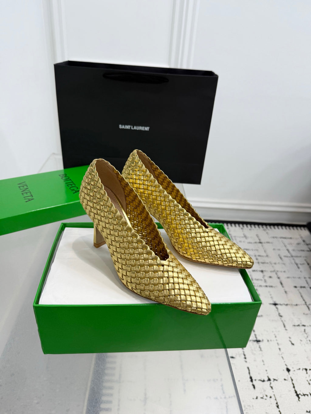 Bottega Veneta Sofia Woven Leather Pumps Women Gold Heels Size 36-41