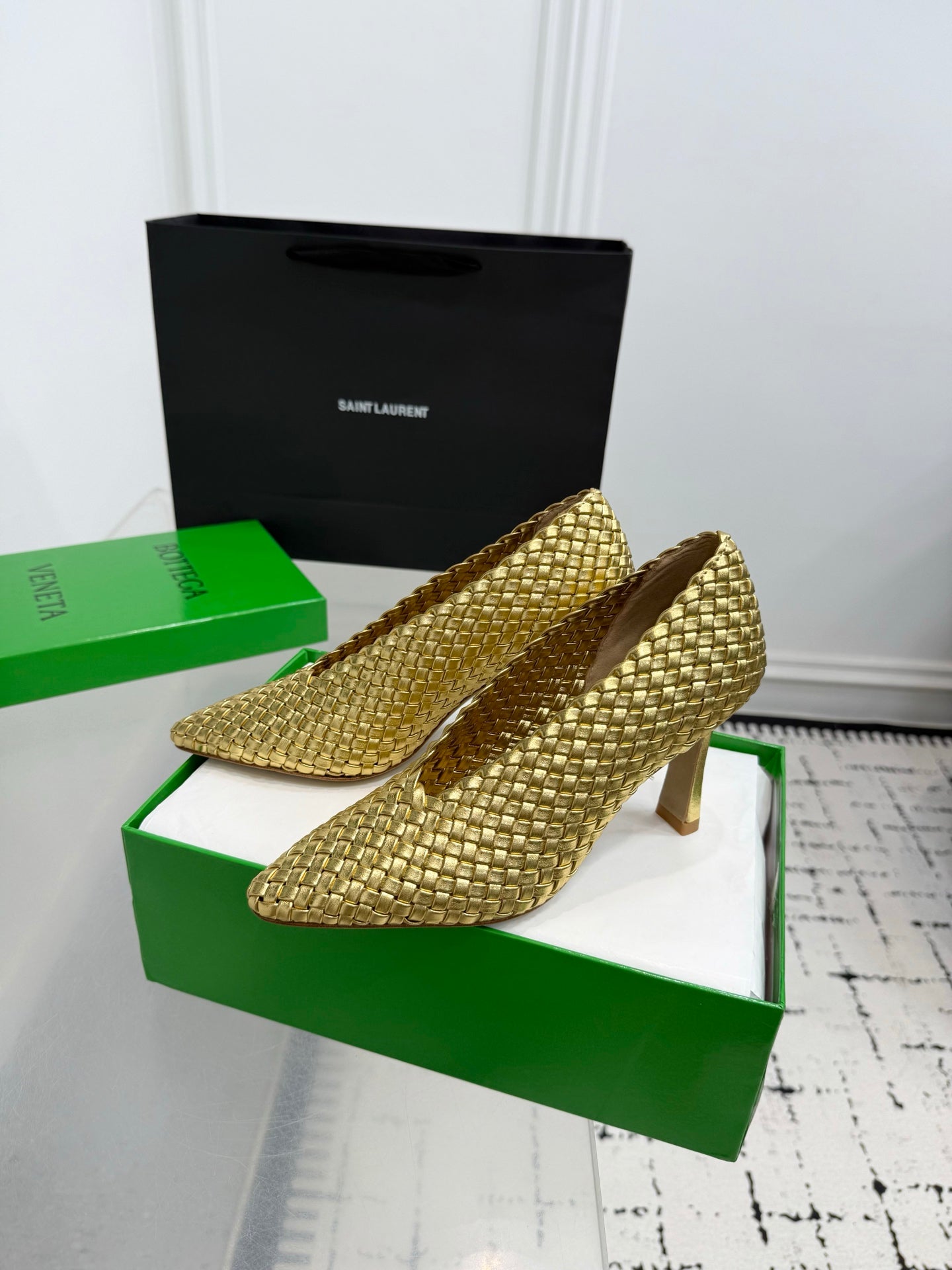 Bottega Veneta Sofia Woven Leather Pumps Women Gold Heels Size 36-41
