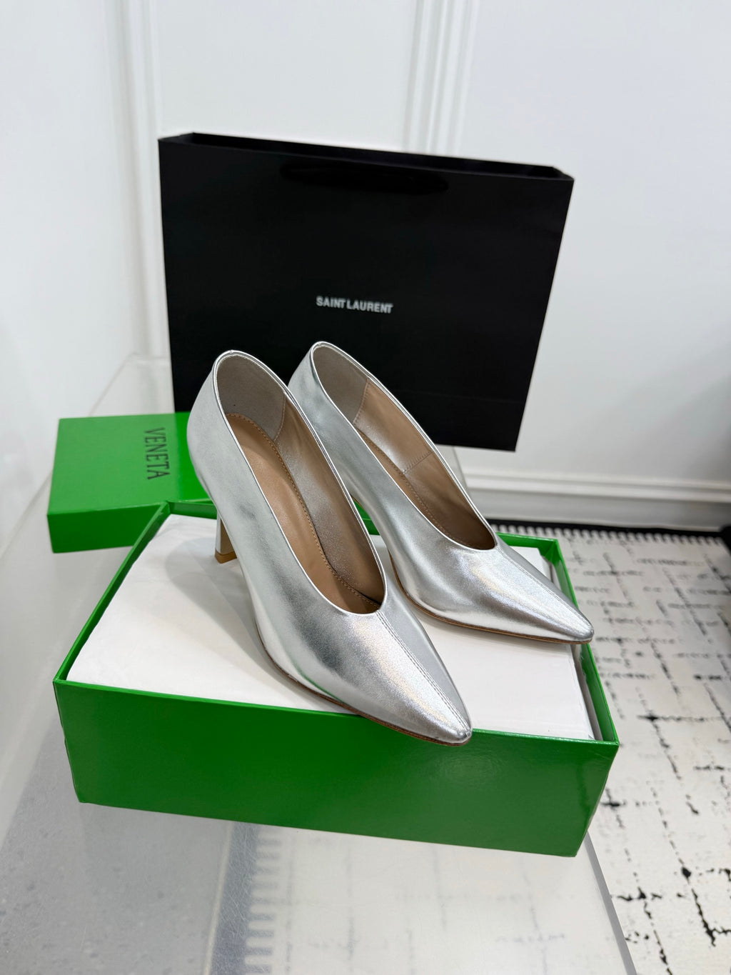 Bottega Veneta Leather Pumps Women Heels Silver Size 36-41