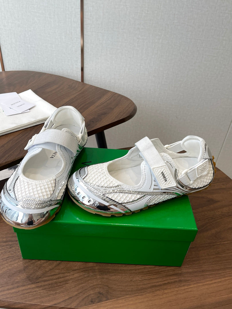 Bottega Veneta Orbit Flash Mary-Jane Sneakers Silver White