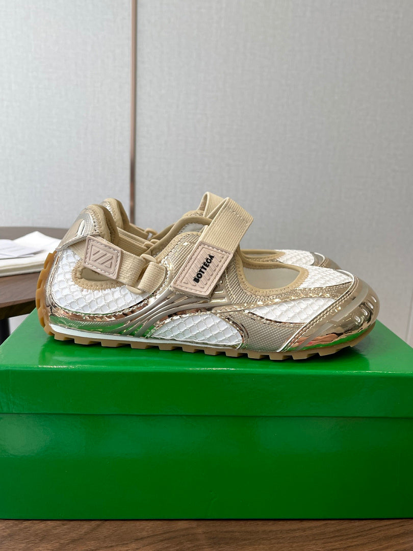 Bottega Veneta Orbit Flash Mary-Jane Sneakers Gold White